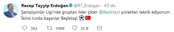 Cumhurbaşkanı Erdoğan'dan Beşiktaş'a kutlama mesajı